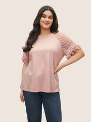 Solid Cut Out Raglan Sleeve Fuzzy Trim T-shirt