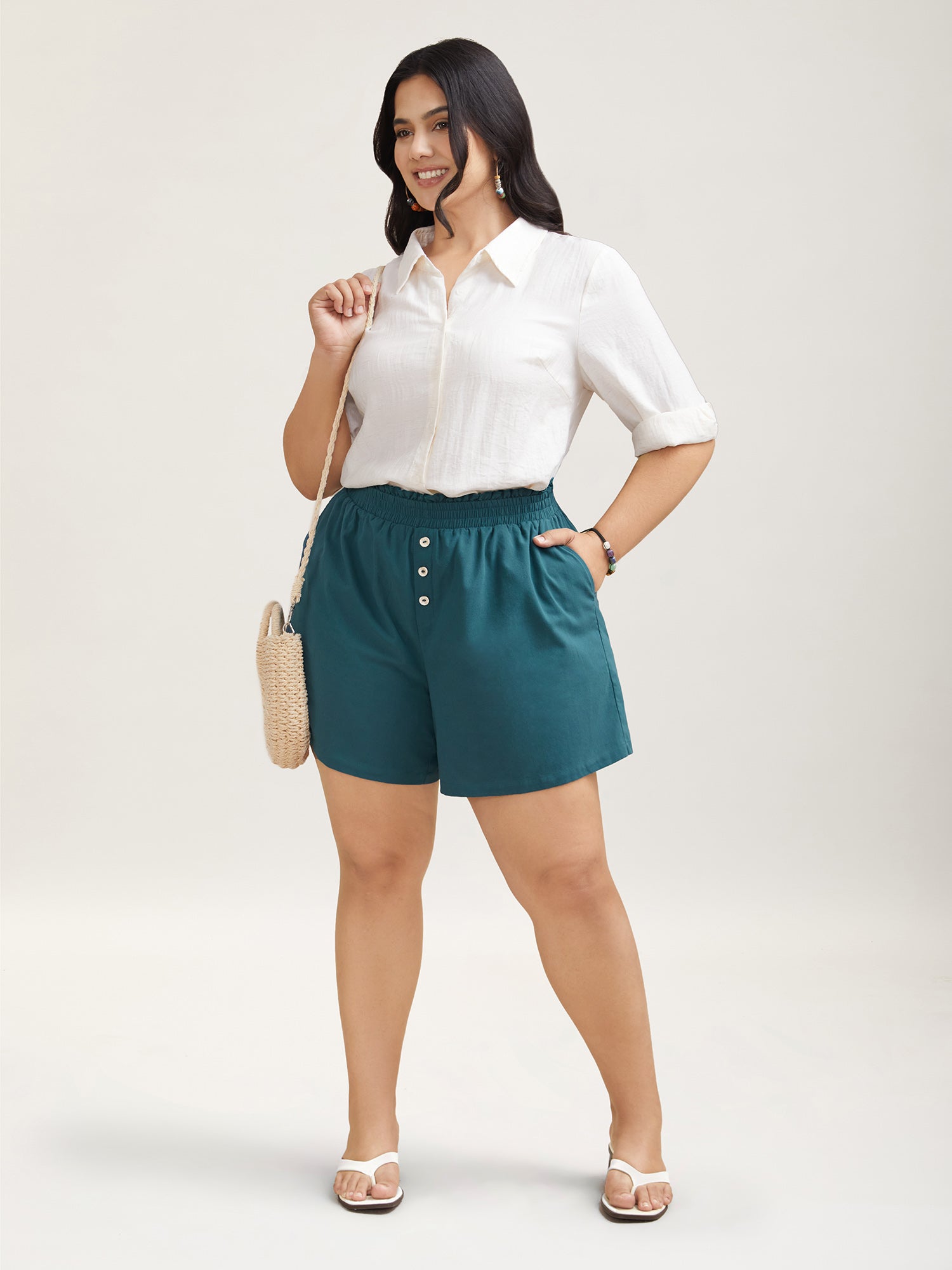 Smocked Waist Buckle Button Shorts