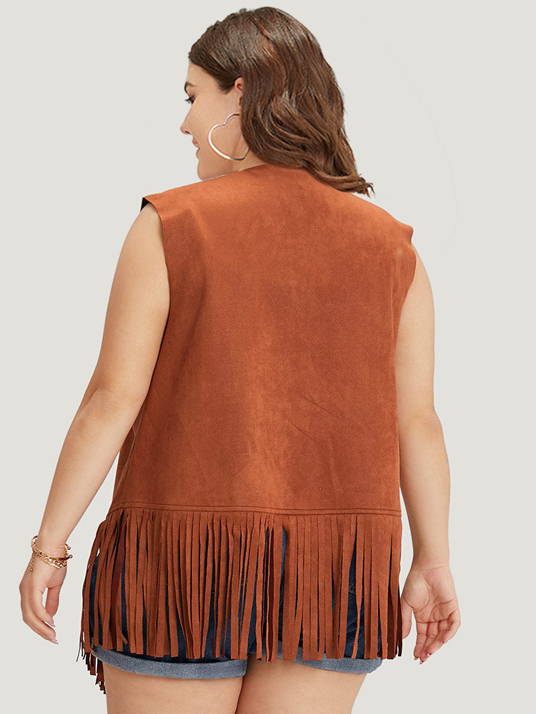 Plain Laser Cut Tassel Trim Sleeveless Kimono