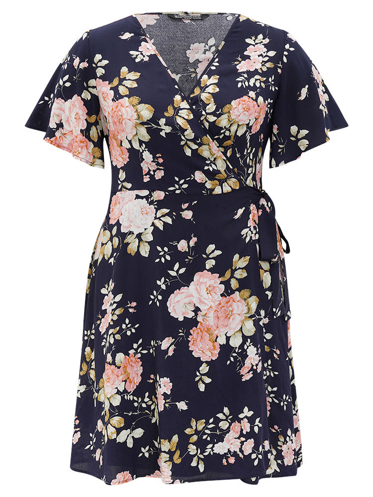 Floral Print Pocket Knot Ruffle Sleeve Wrap Dress
