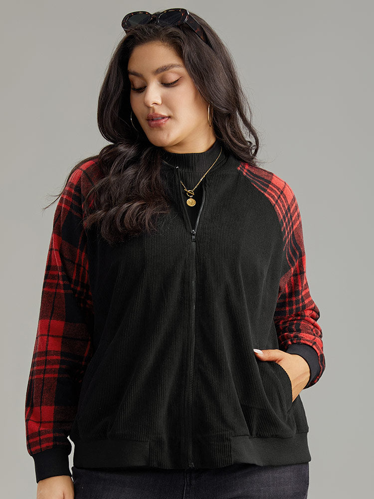 Plaid Patchwork Zipper Pocket Bomber Jacket