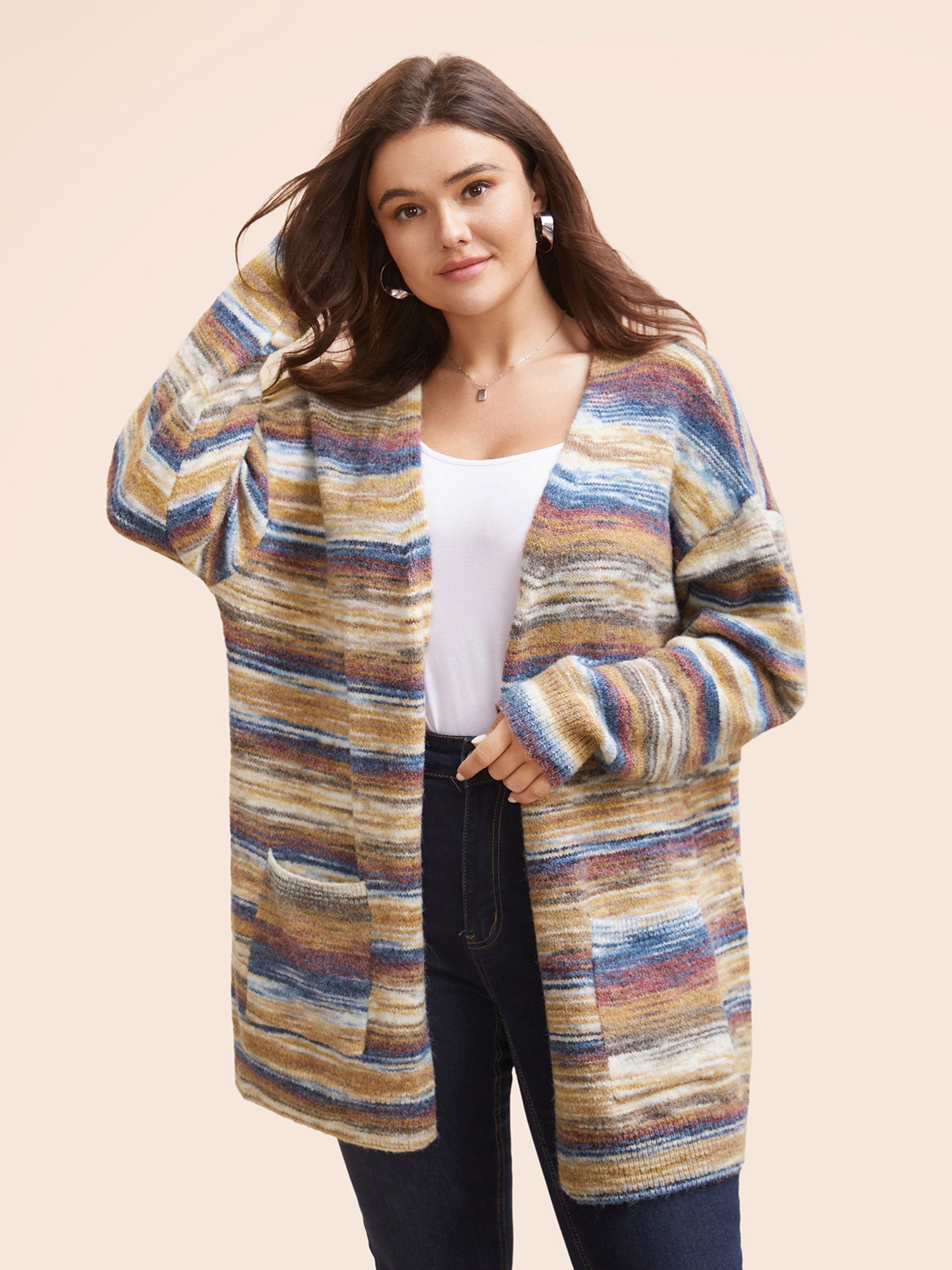 Heather Contrast Open Front Pocket Cardigan