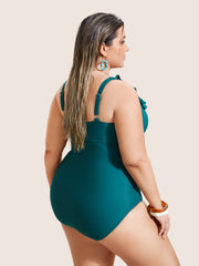 Solid Cut Out Ruffle Trim One Piece Swimsuit