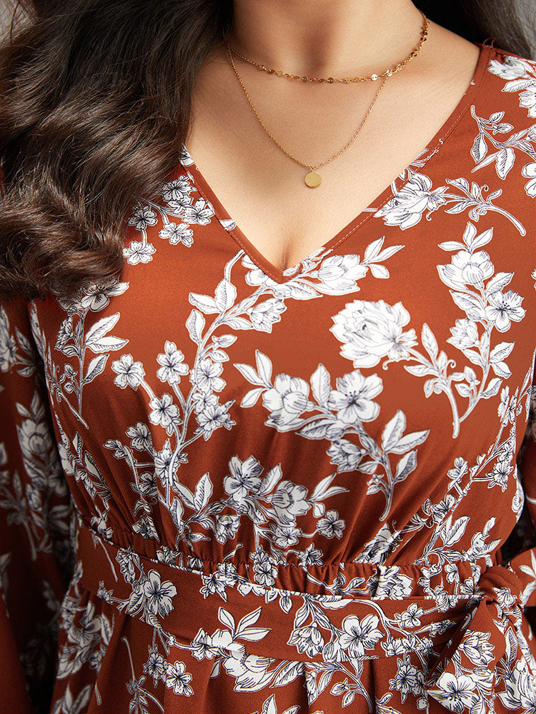 Floral Print Elastic Cuffs Ruffle Hem Dress