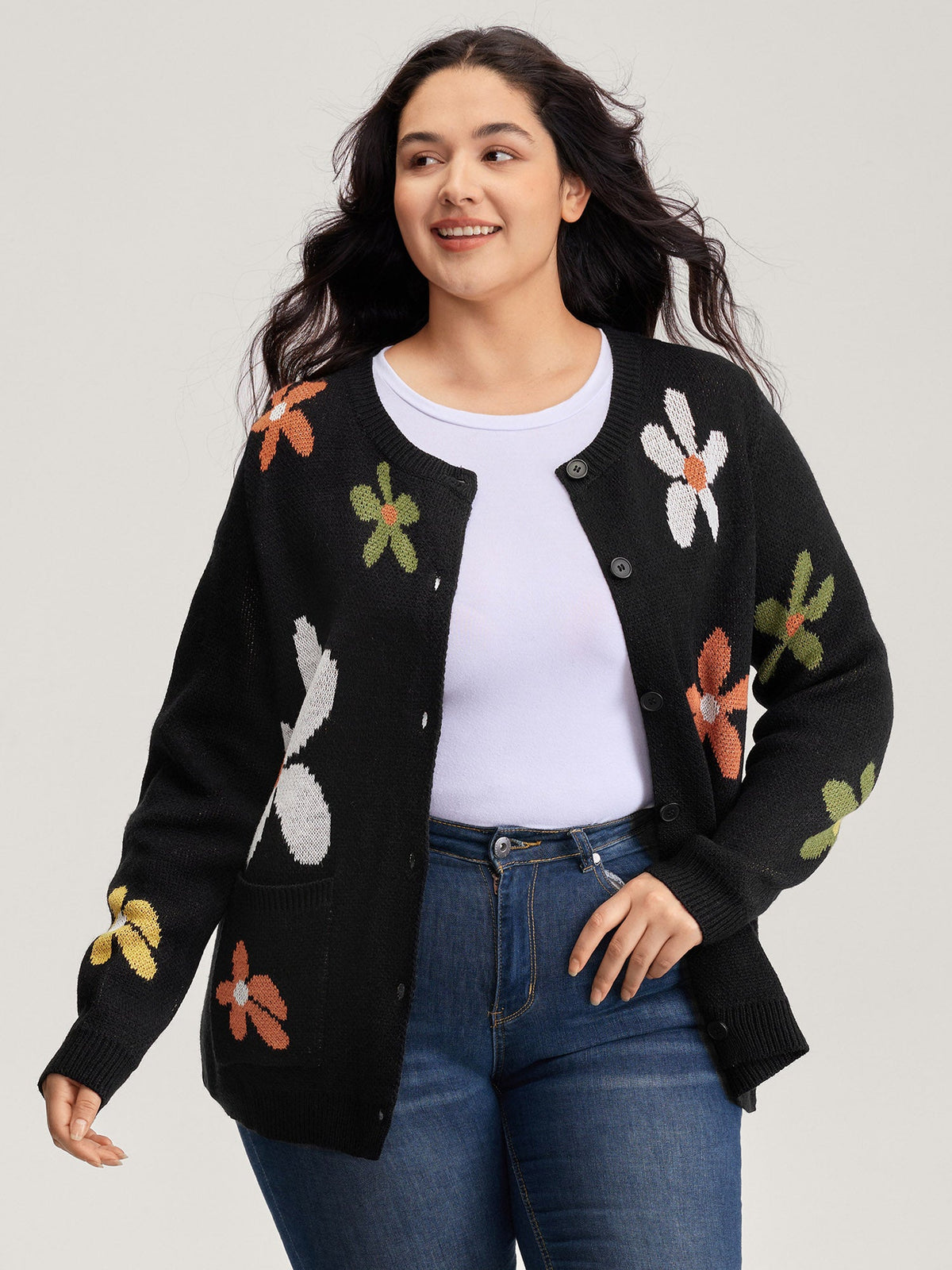 Floral Pattern Button-Down Knit Cardigan