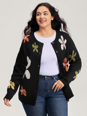 Floral Pattern Button-Down Knit Cardigan