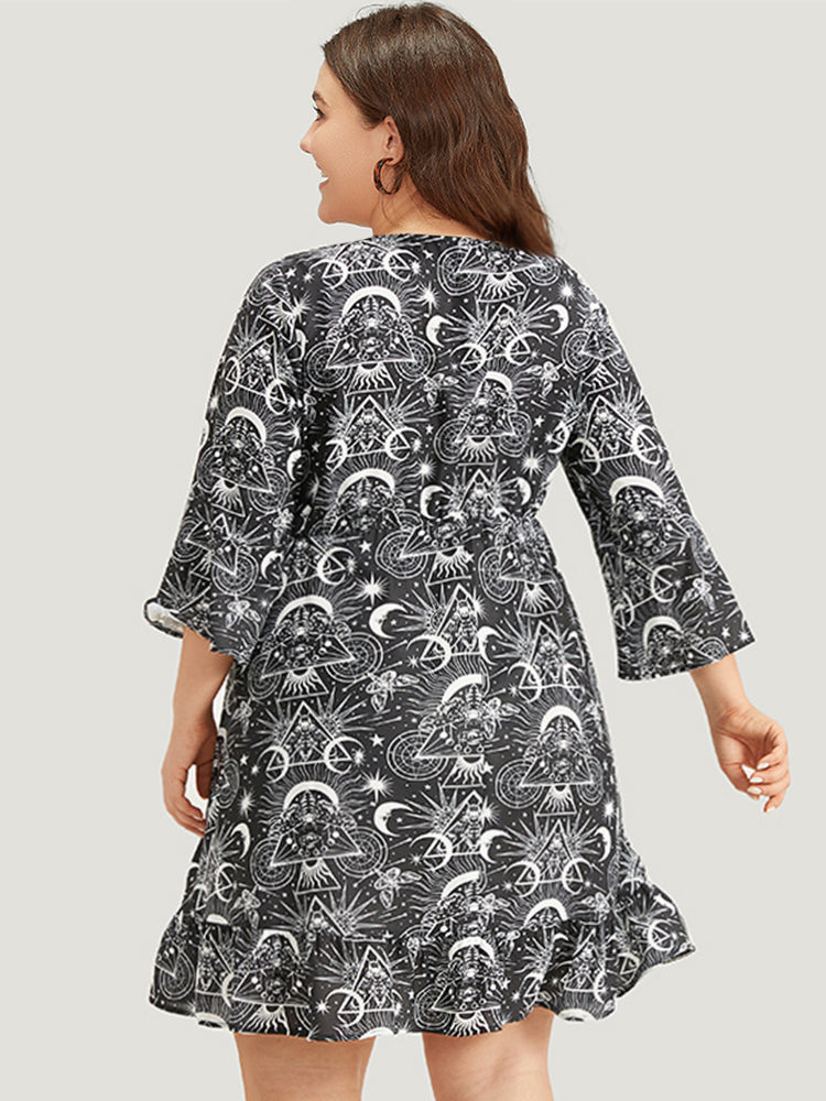 Halloween Moon & Star Lace Up Pocket Bell Sleeve Dress