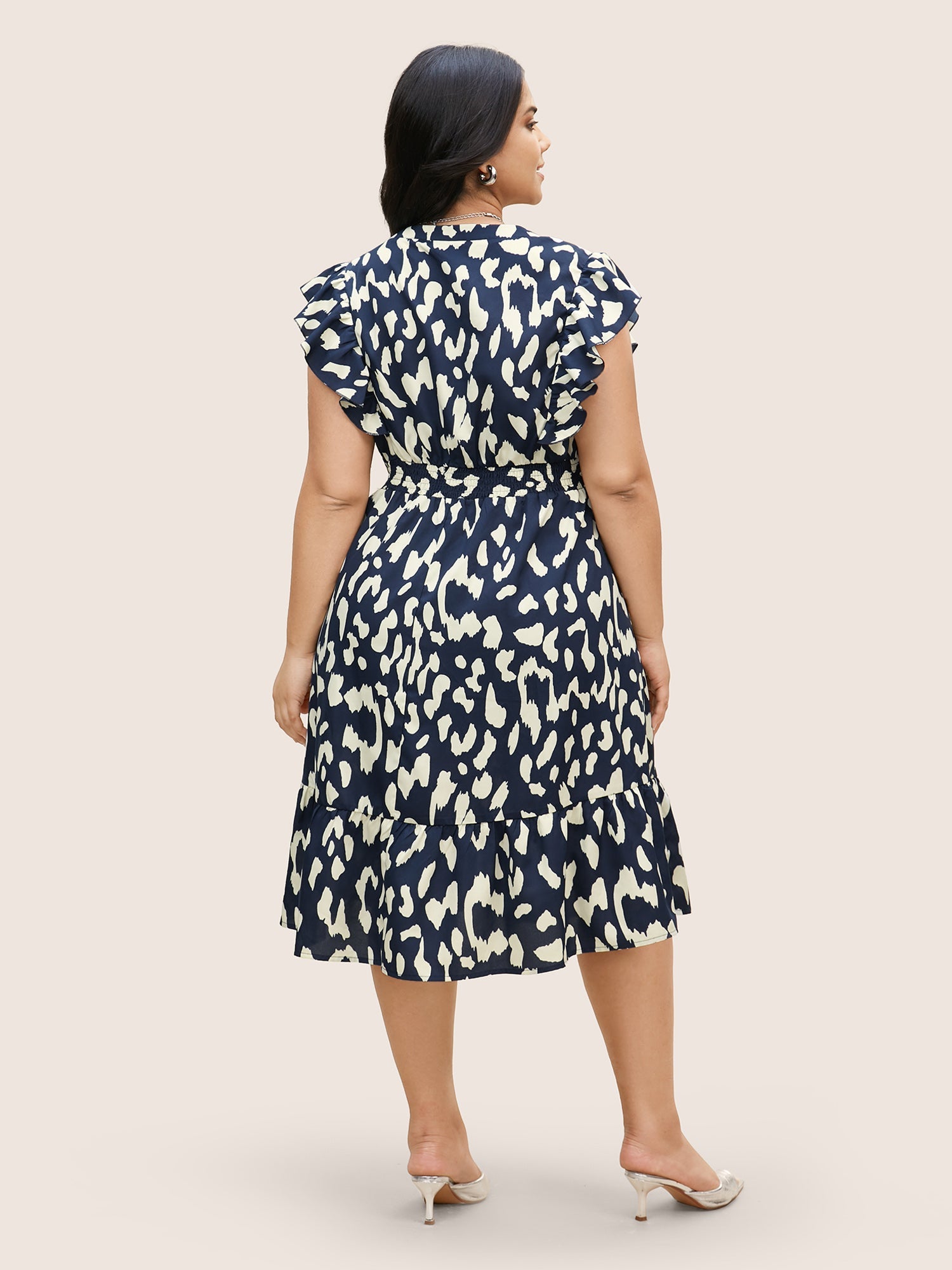 Notched Leopard Print Cap Sleeve Ruffles Dress
