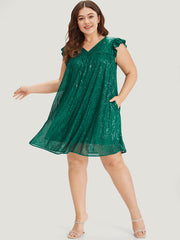 Sequin Mesh Pocket Cap Sleeve Ruffle Trim Dress