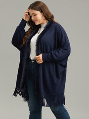 Plain Fringe Hem Fuzzy Trim Kimono