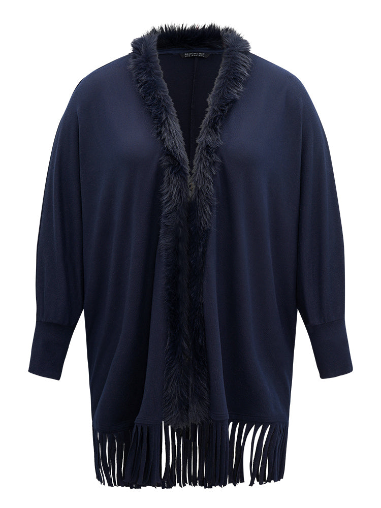 Plain Fringe Hem Fuzzy Trim Kimono