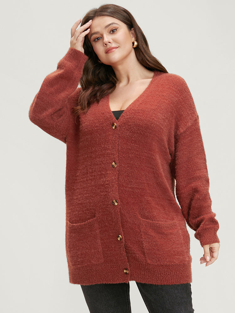 Solid Pointelle Knit Pocket Button Front Heather Cardigan