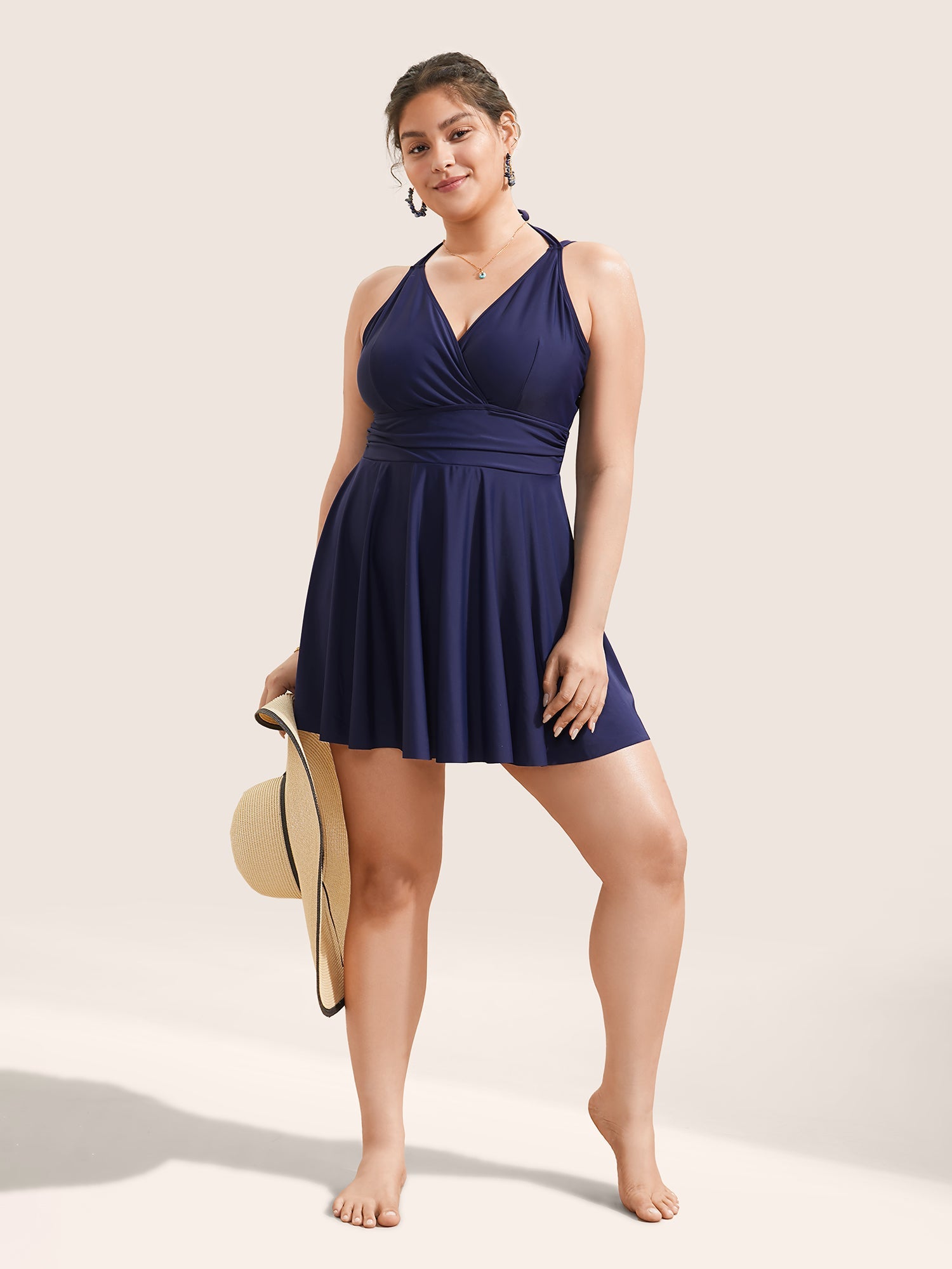 Solid Ruffle Hem Empire Waist Halter Neck Swim Dress