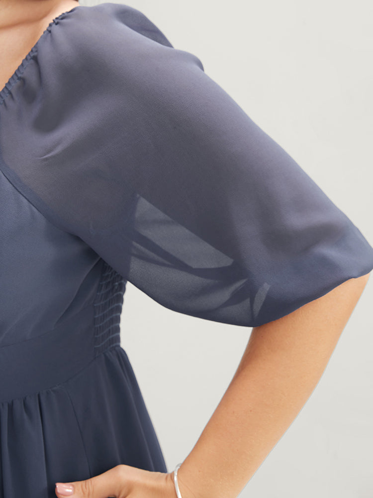 Solid Pocket Mesh Lantern Sleeve Shirred Back Ruffles Tiered Dress