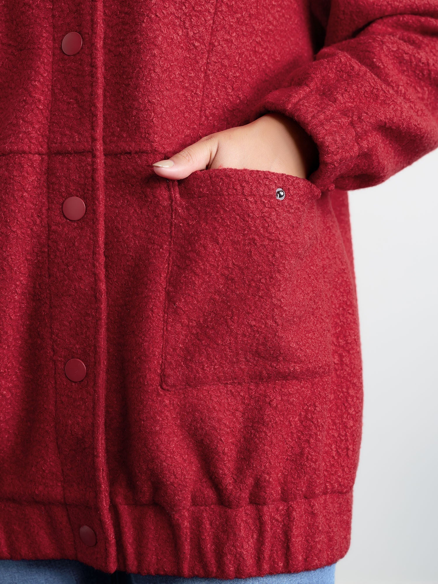 Textured Fuzzy Button Stretchy Hem Jacket