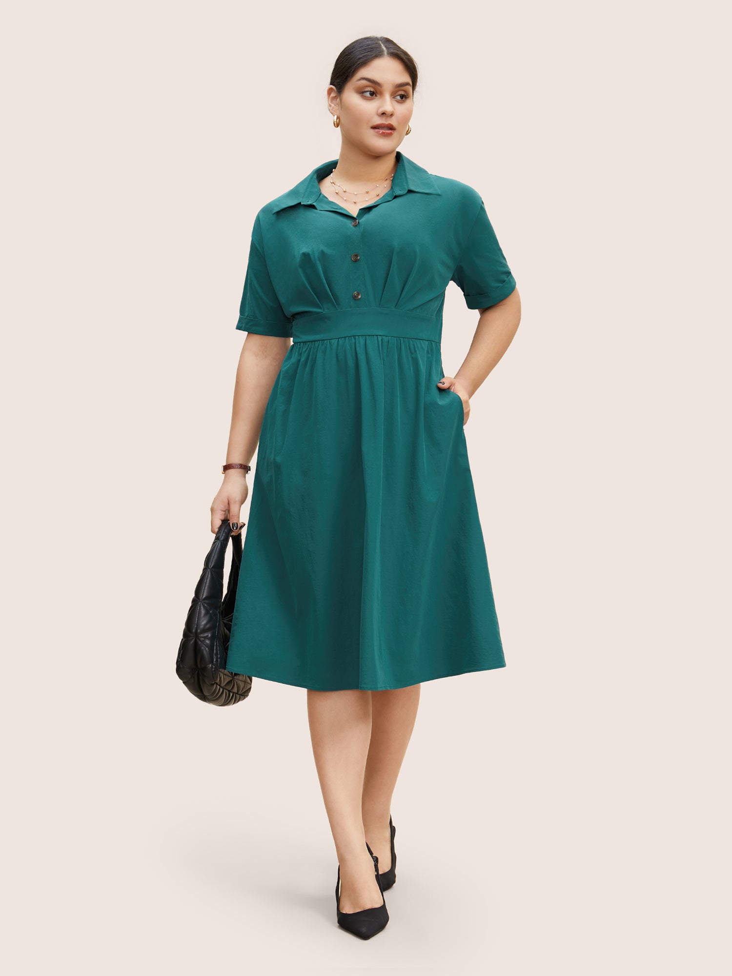 Shirt Collar Pleated Button Detail Gathered Midi Dress