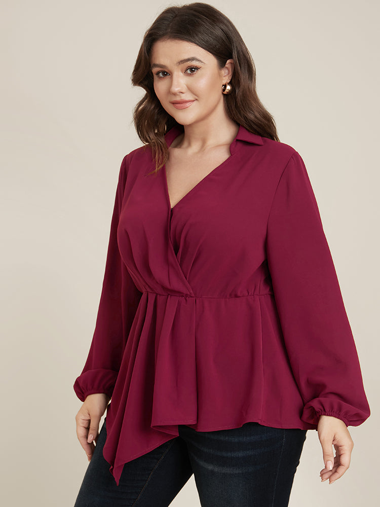 Solid Lantern Sleeve Surplice Neck Asymmetrical Hem Blouse