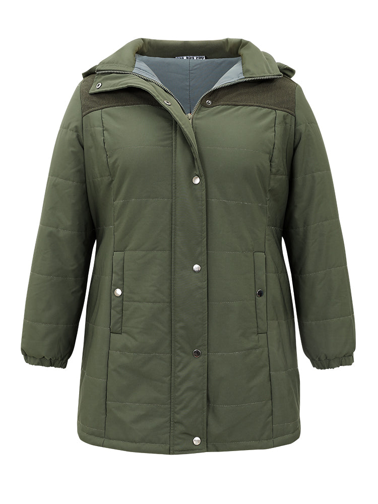 Plain Patchwork Corduroy Zipper Padded Hooded Jacket