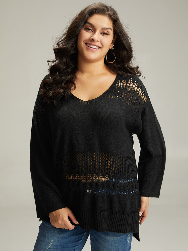 Solid Hollow Out Split V Neck Pullover