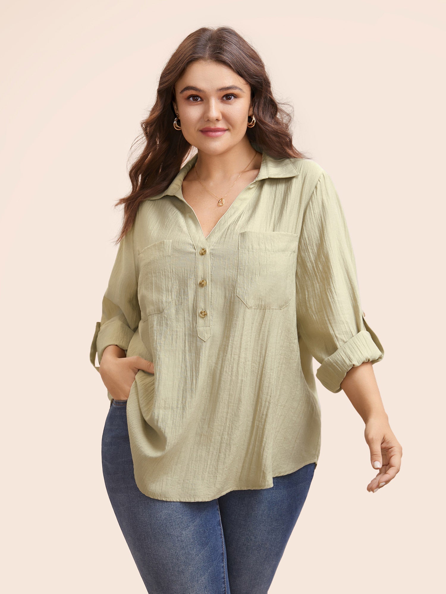 Solid Patched Pocket Tab Sleeve Blouse