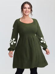 Floral Cord Embroidered Cinched-Waist Sweater Dress