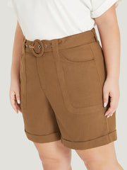 Solid Pocket Belted Roll Hem High Rise Shorts