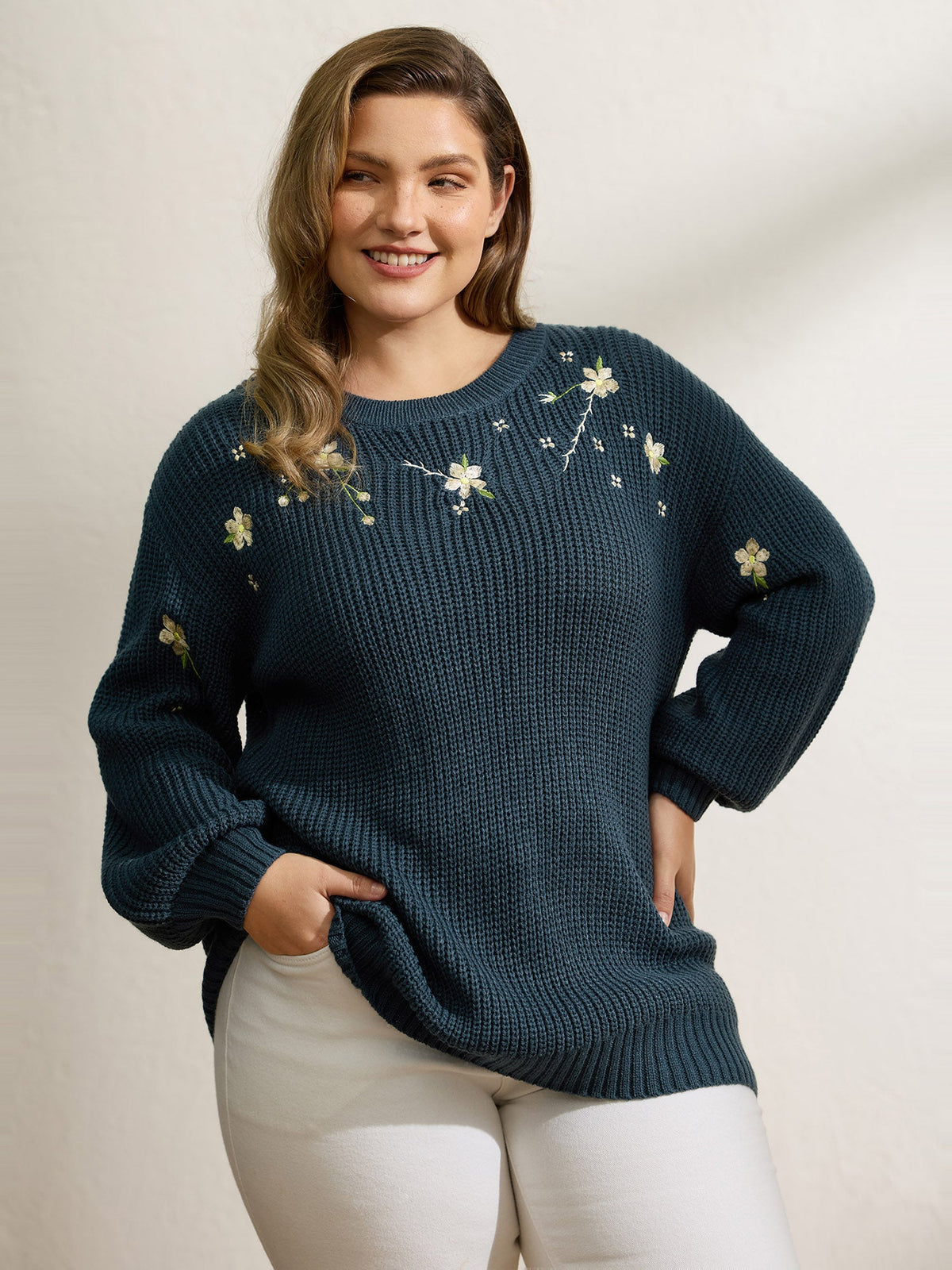 Floral Embroidery Textured Relaxed-Fit Pullover