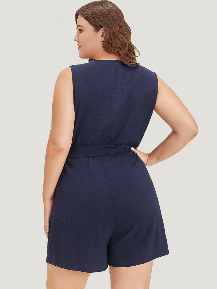 Solid Pocket Contrast Lace Belted Tank Romper