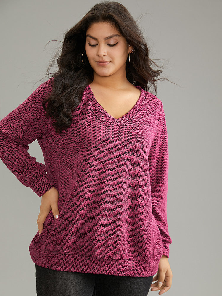 Solid Plisse Elastic Cuffs V Neck Sweatshirt