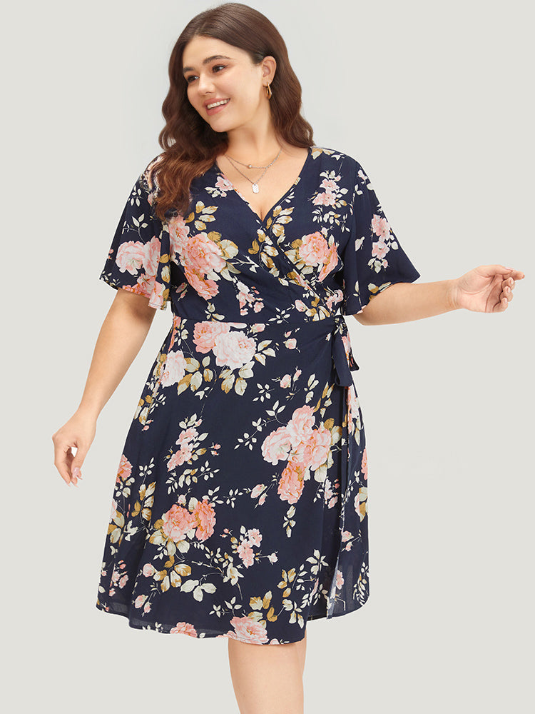 Floral Print Pocket Knot Ruffle Sleeve Wrap Dress