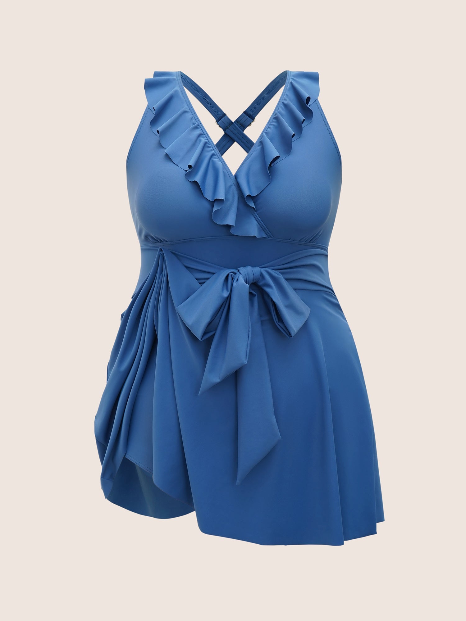 Solid Ruffle Trim Tie Knot Swim Dress