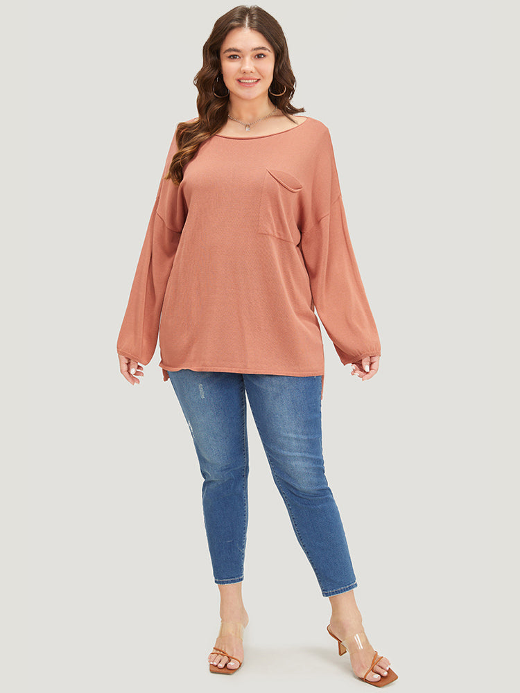 Solid Patched Pocket Split Side Pullover