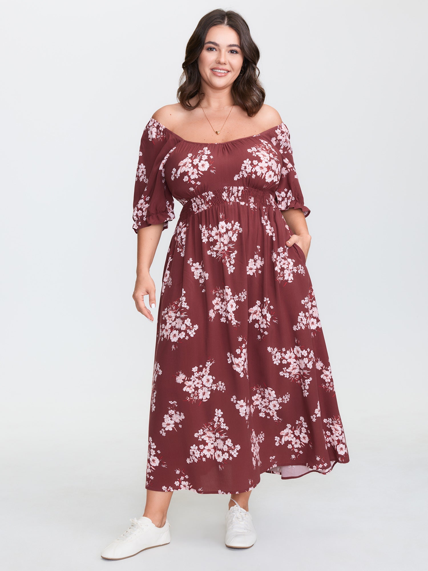 Floral Print Shirred Maxi Dress