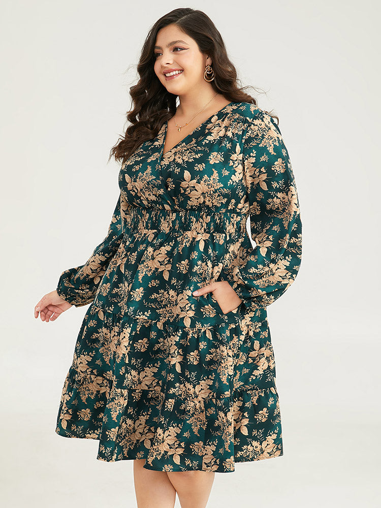 Silhouette Floral Print Surplice Neck Shirred Dress
