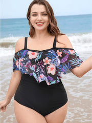 Floral Patchwork Asymmetrical Ruffle Trim Crisscross One Piece Swimsuit