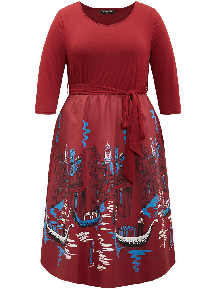 Boho Print Patchwork Belted Gathered Dress