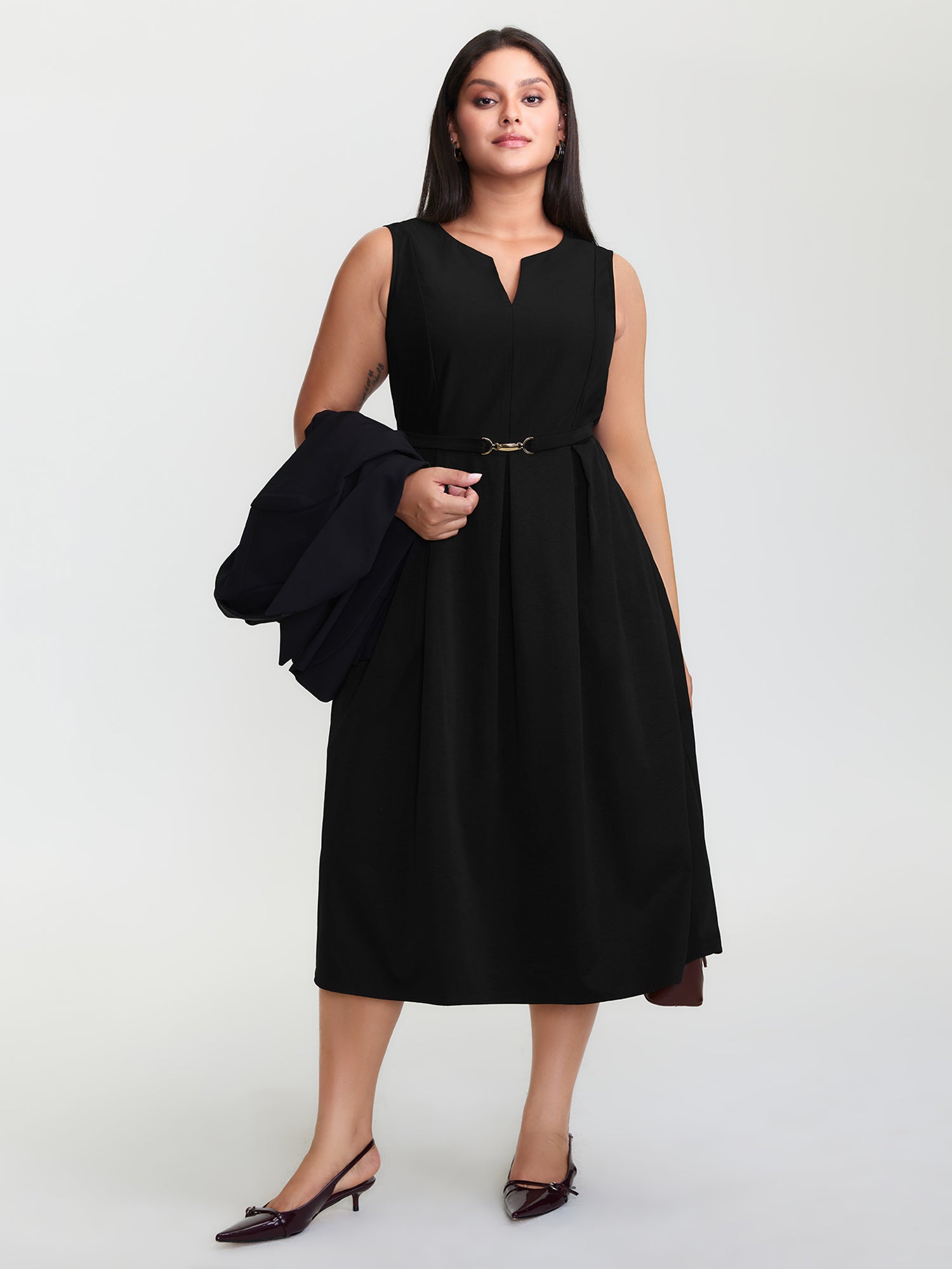 Split Neckline Waist Defining Midi Dress