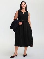 Split Neckline Waist Defining Midi Dress