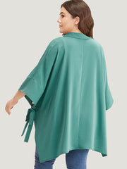 Plain Shirt Collar Asymmetrical Hem Bowknot Kimono