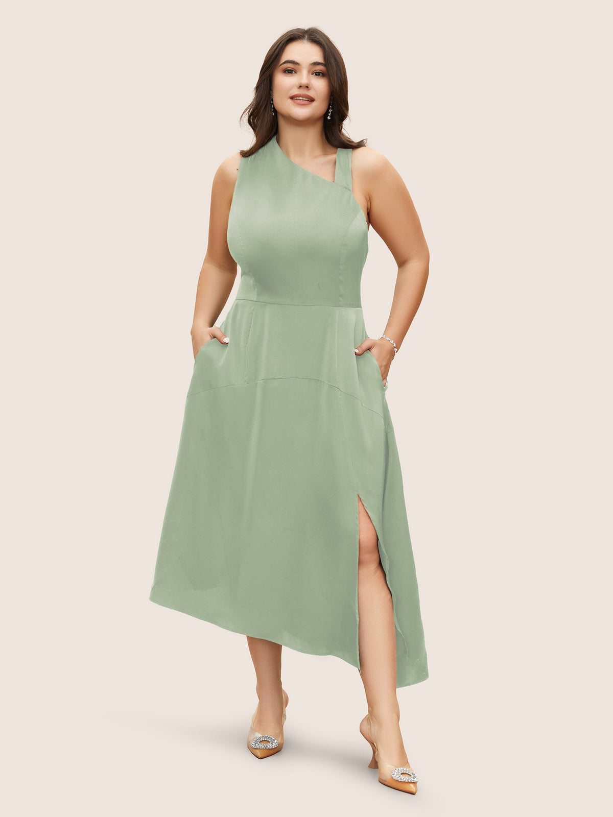 Solid Asymmetrical Neck Split Hem Dress