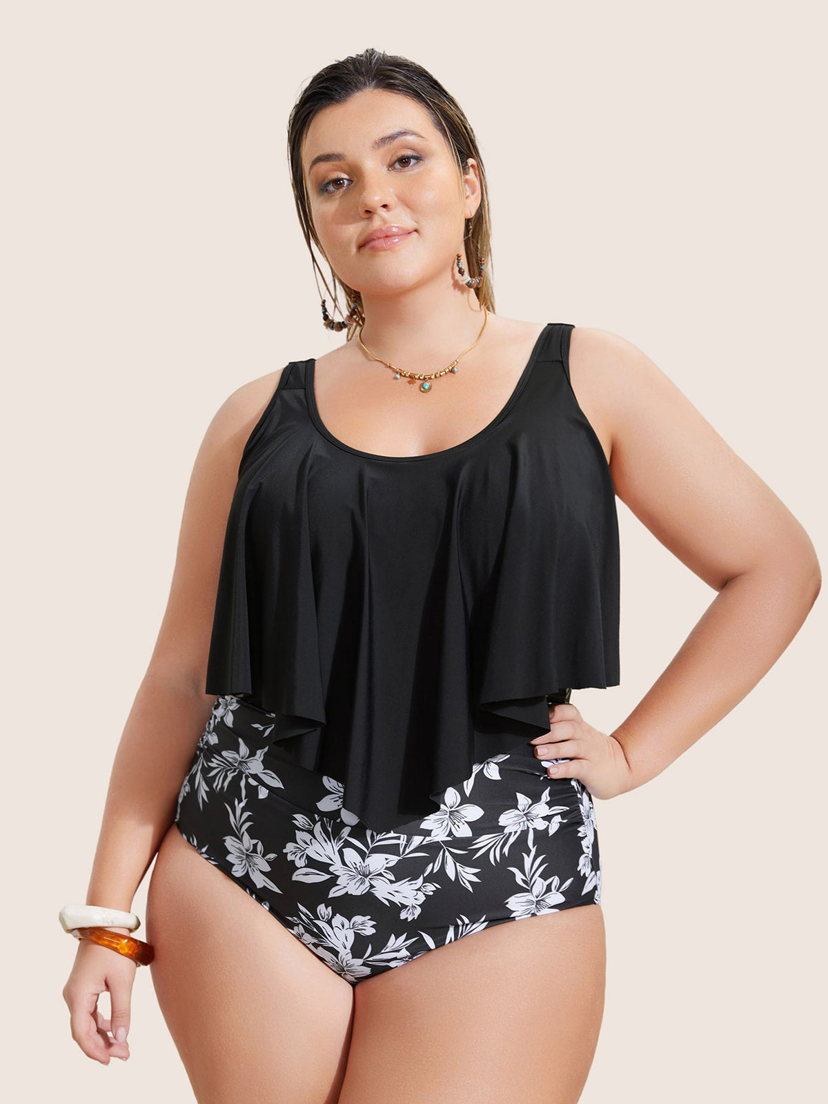 Floral Patchwork Tiered Ruffles One Piece Swimsuit