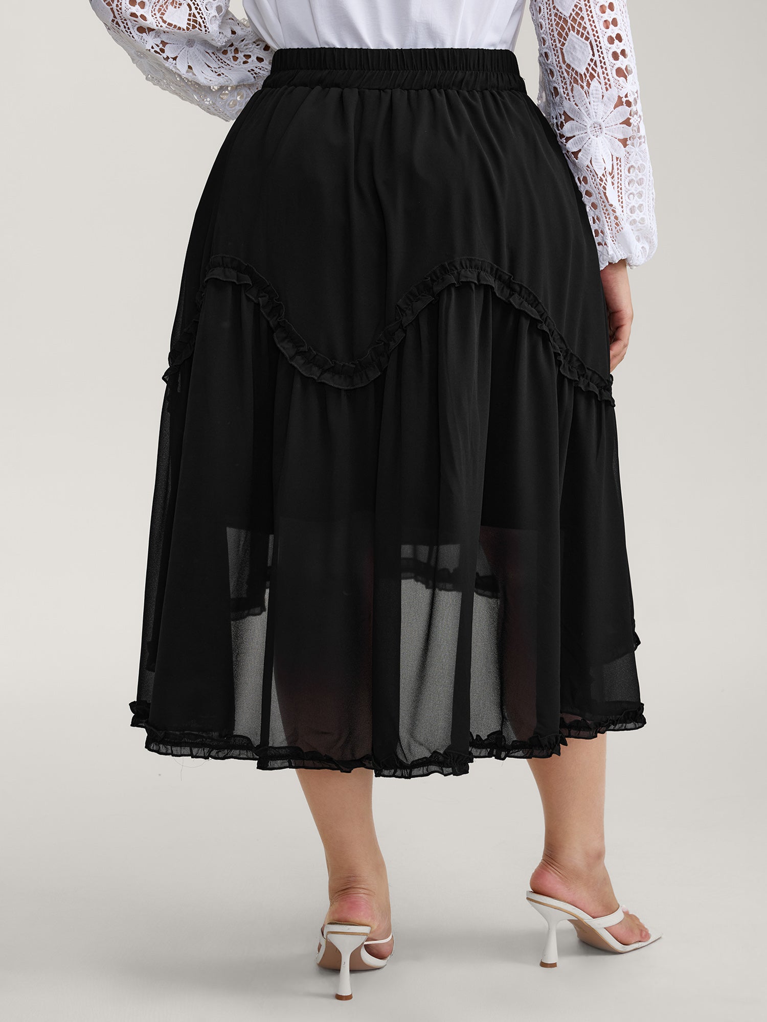Ruffled Trim Sheer Midi Skirt