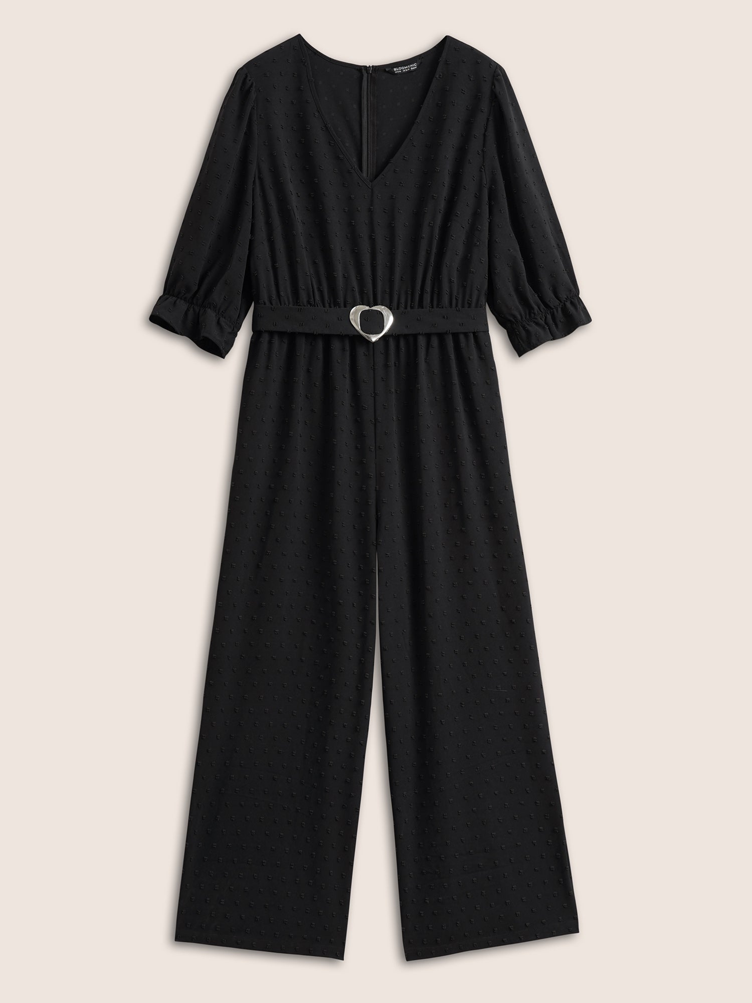 Solid Texture Heart Buckle Detail Belted Jumpsuit