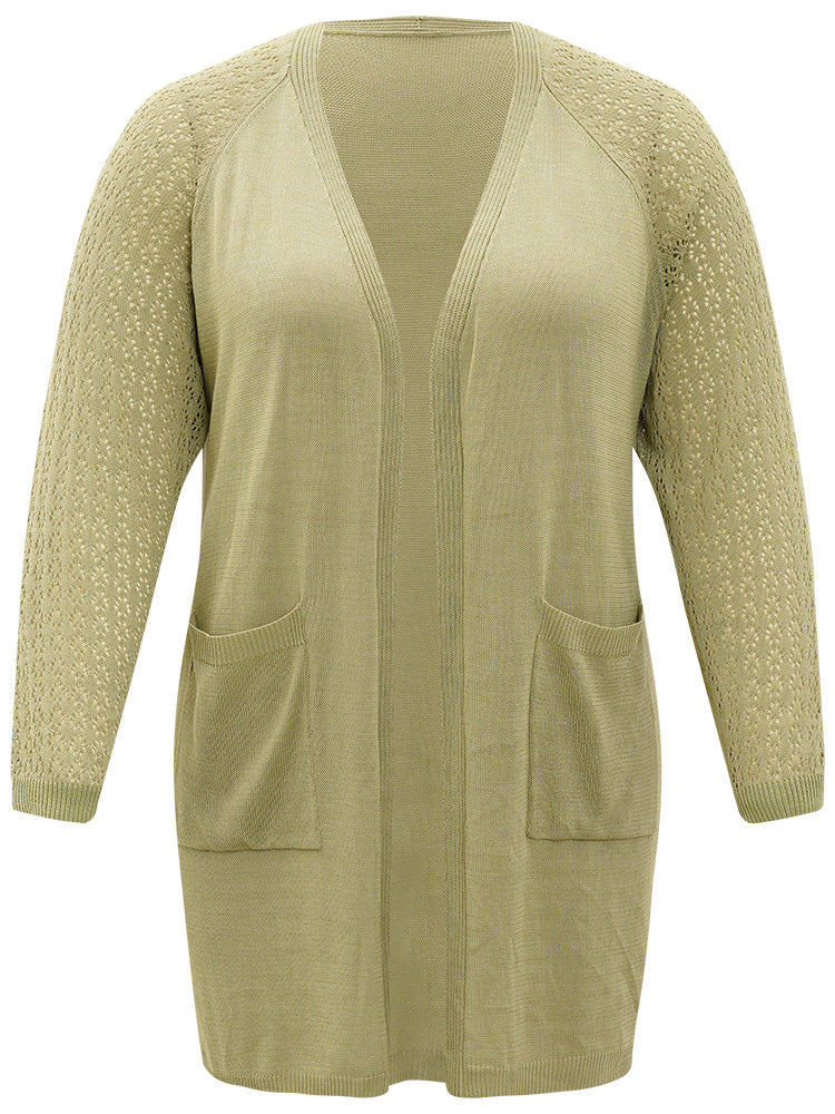 Solid Patched Pocket Geometric Eyelet Raglan Sleeve Cardigan