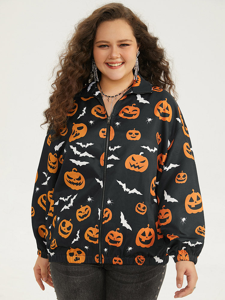 Halloween Graphic Zipper Fly Pocket Coat