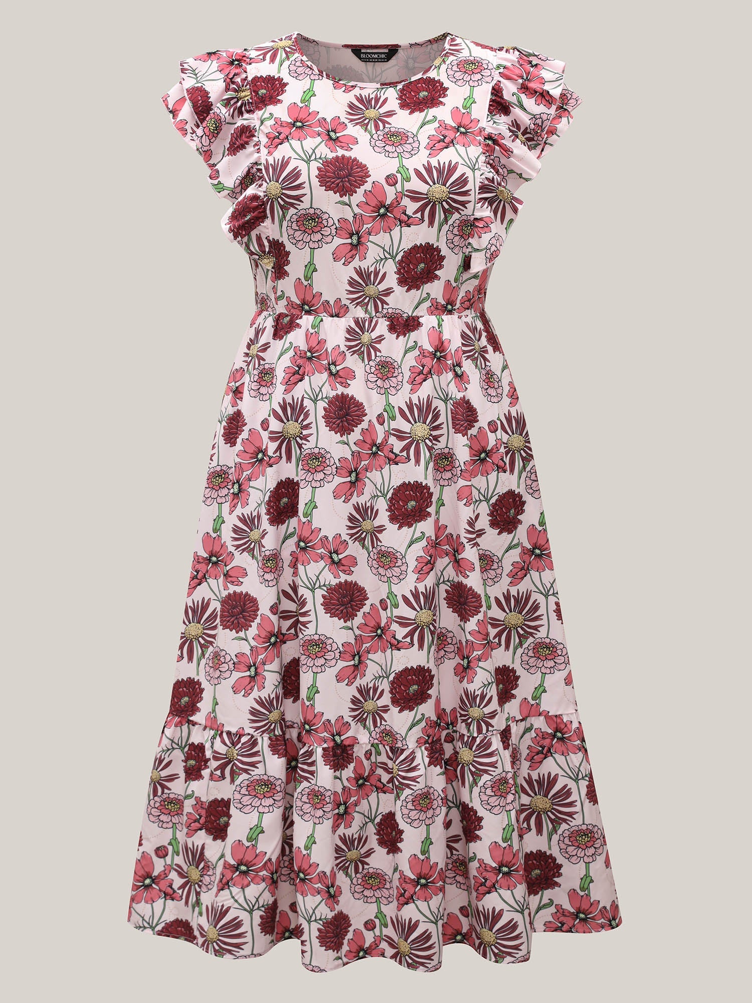 Ruffled Floral Print Stretchy-Waist Midi Dress