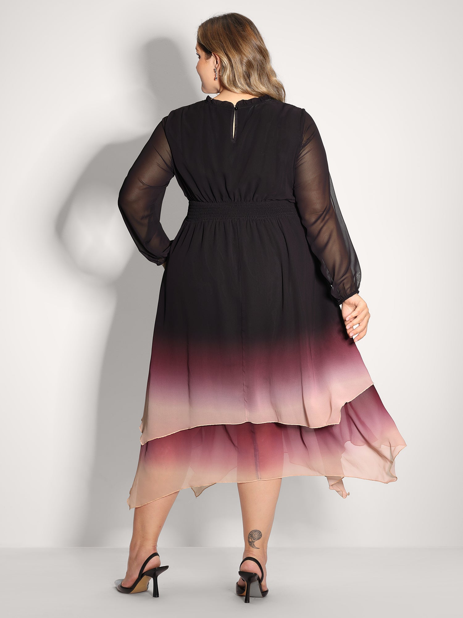 Tie-Dye Sheer Shirred Waist Midi Dress