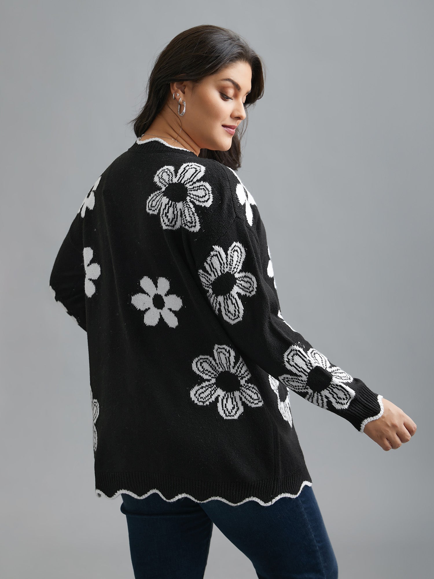 Floral Pattern Open-Front Knitted Cardigan