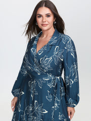Silhouette Flower Print Wrap Neck Midi Dress