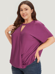 Solid Keyhole Gathered Dolman Sleeve Blouse